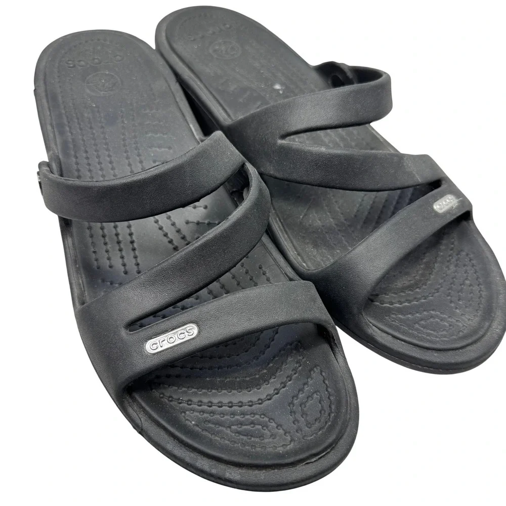 Crocs Patricia‎ Wedge Sandals Womens Size 11 Black Strappy Open Toe Casual